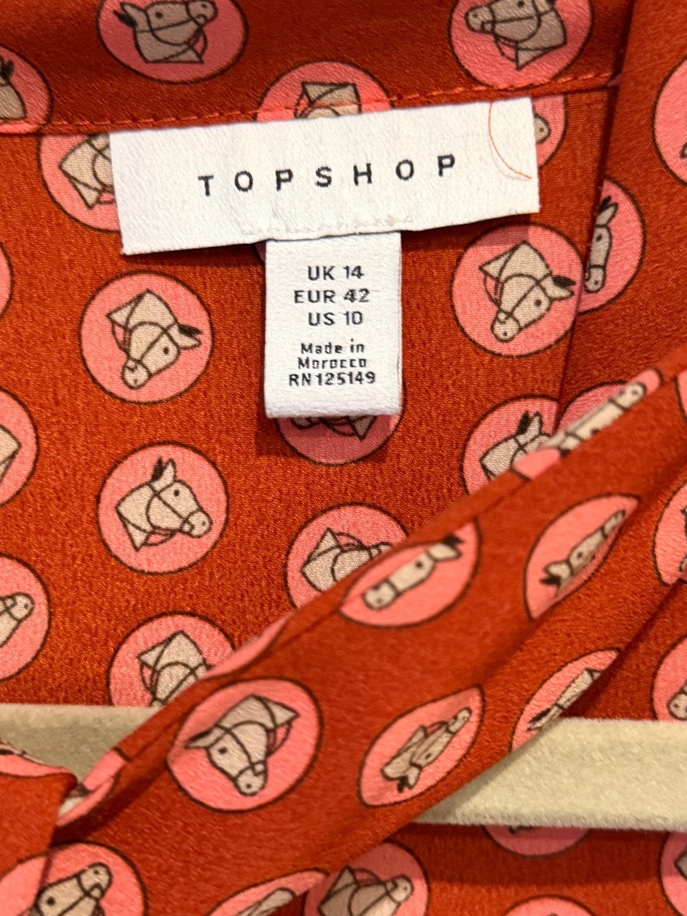 Topshop Horse Coin Print Long Sleeve Asymmetric Midi Dress Rust Orange Size 10 - Picture 7 of 13
